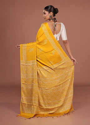 Yellow Printed Pure Silk Saree Without Blouse Piece