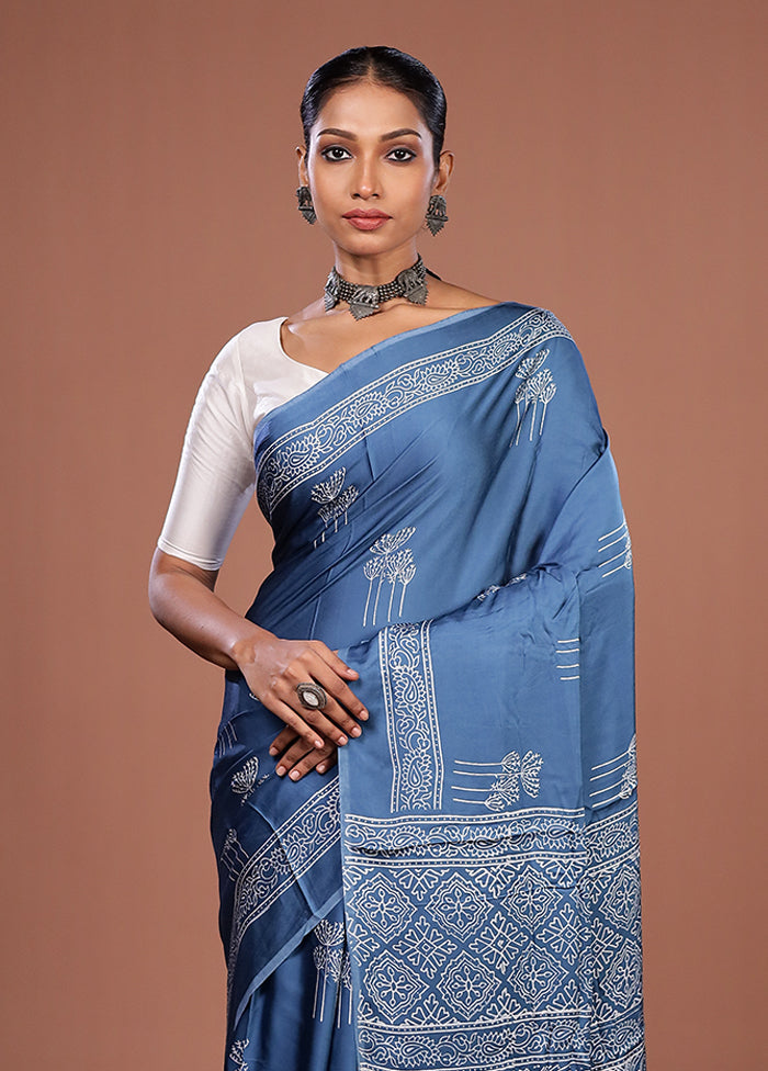 Blue Printed Pure Silk Saree Without Blouse Piece