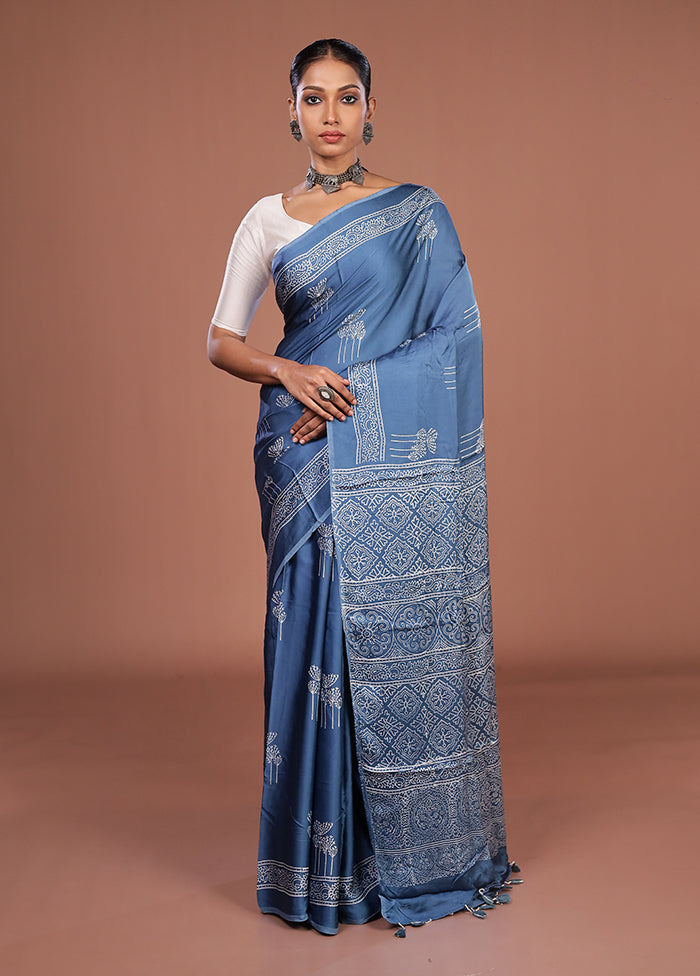 Blue Printed Pure Silk Saree Without Blouse Piece