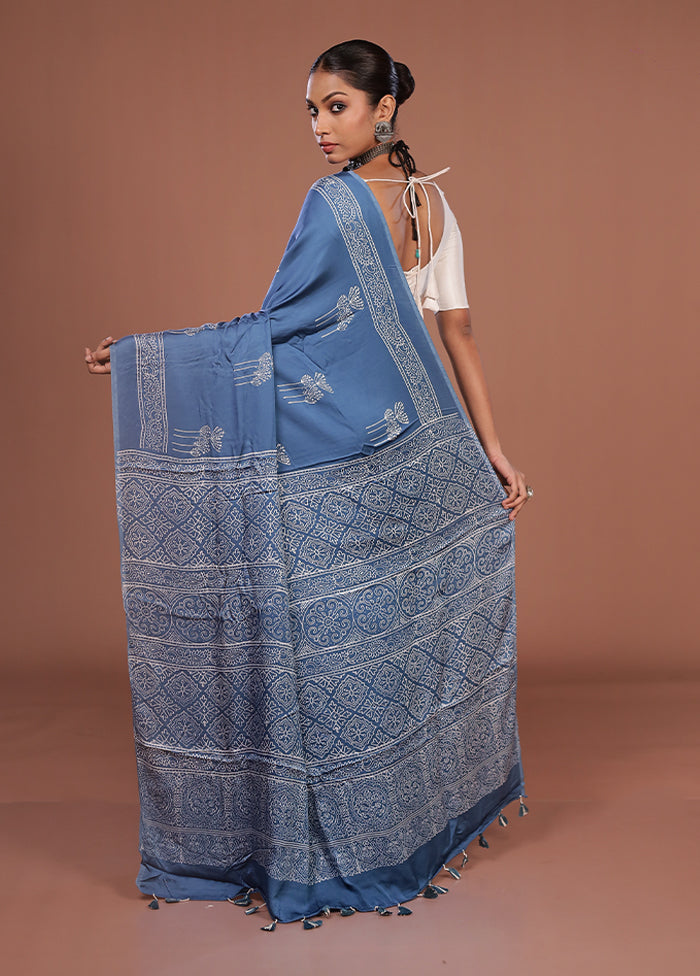 Blue Printed Pure Silk Saree Without Blouse Piece