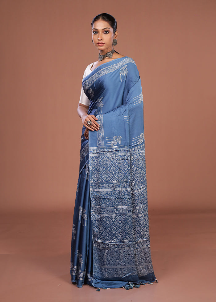 Blue Printed Pure Silk Saree Without Blouse Piece