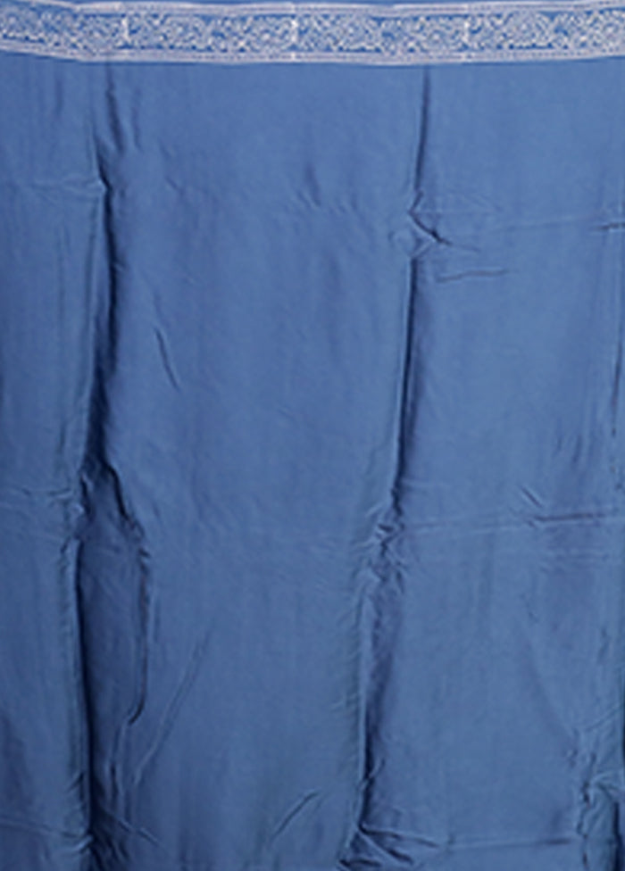 Blue Printed Pure Silk Saree Without Blouse Piece