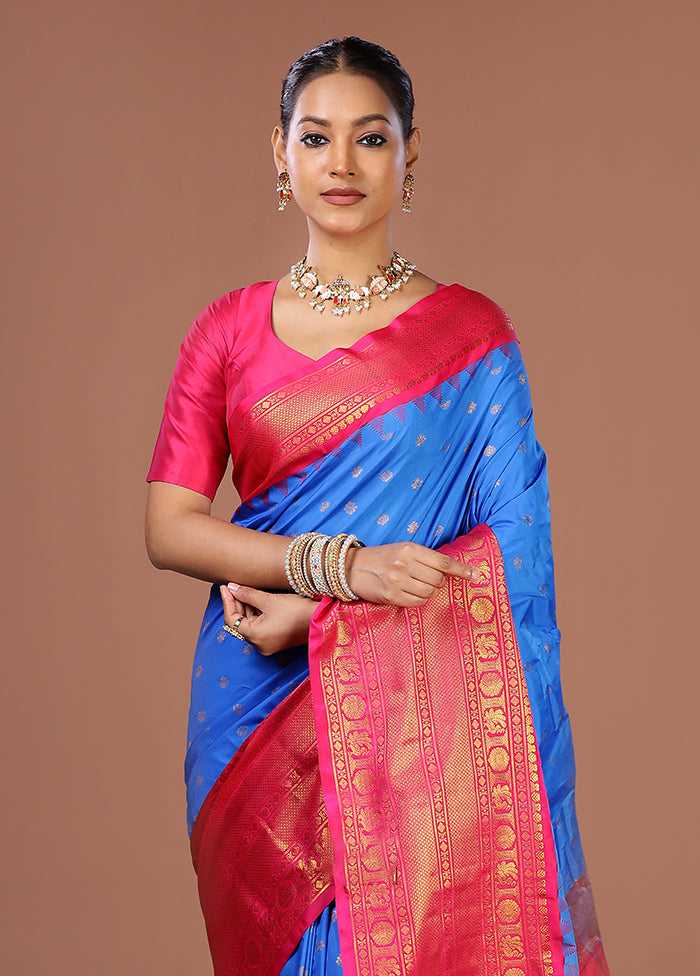 Blue Gadwal Silk Saree Without Blouse Piece