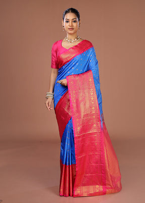 Blue Gadwal Silk Saree Without Blouse Piece