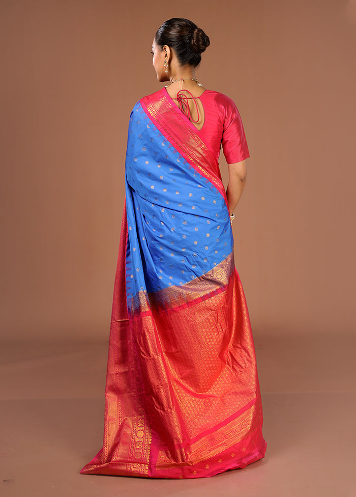 Blue Gadwal Silk Saree Without Blouse Piece