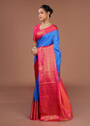 Blue Gadwal Silk Saree Without Blouse Piece