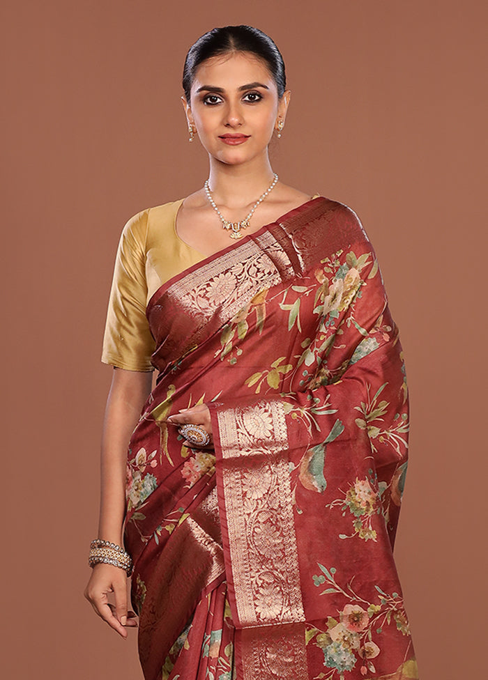 Maroon Tussar Silk Saree With Blouse Piece