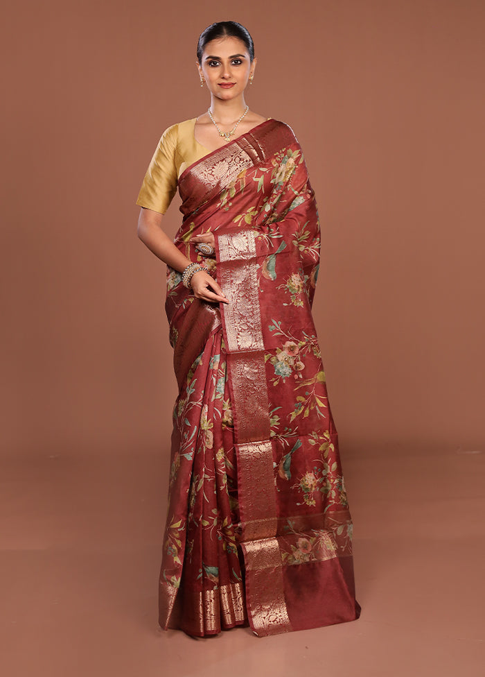 Maroon Tussar Silk Saree With Blouse Piece