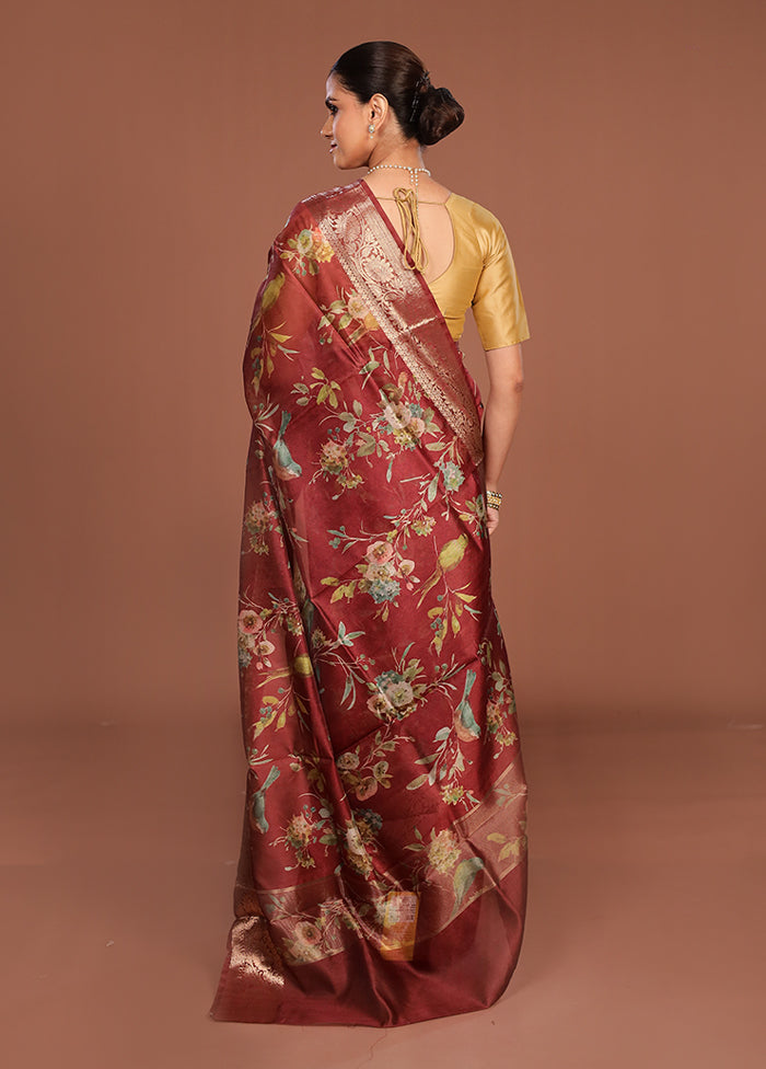 Maroon Tussar Silk Saree With Blouse Piece