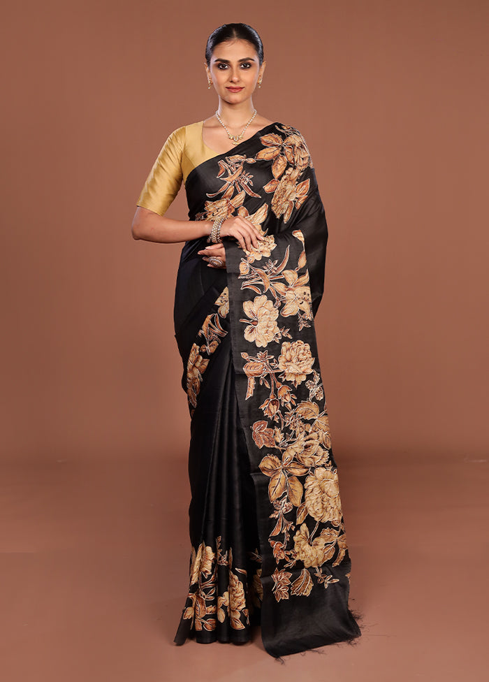 Black Tussar Silk Saree With Blouse Piece