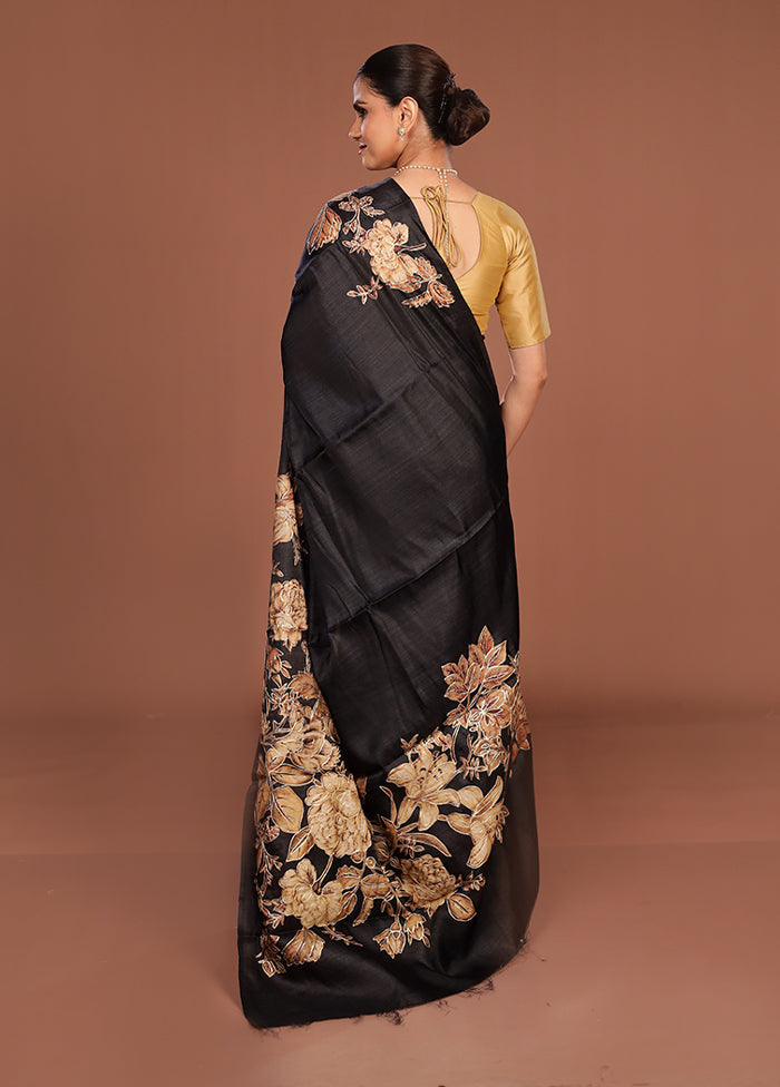 Black Tussar Silk Saree With Blouse Piece