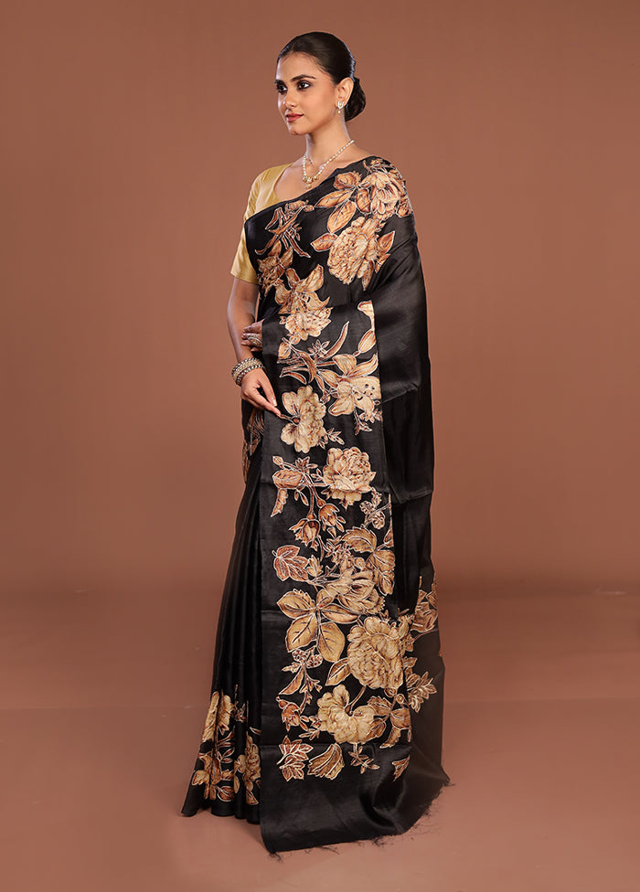 Black Tussar Silk Saree With Blouse Piece