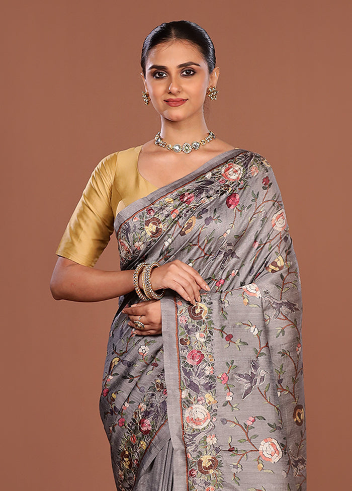 Grey Tussar Silk Saree With Blouse Piece