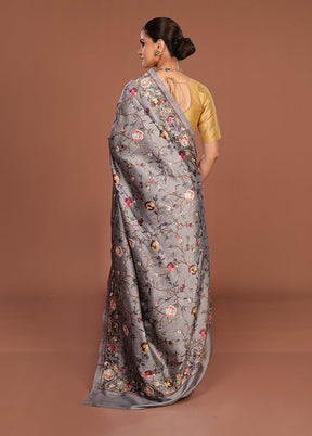 Grey Tussar Silk Saree With Blouse Piece