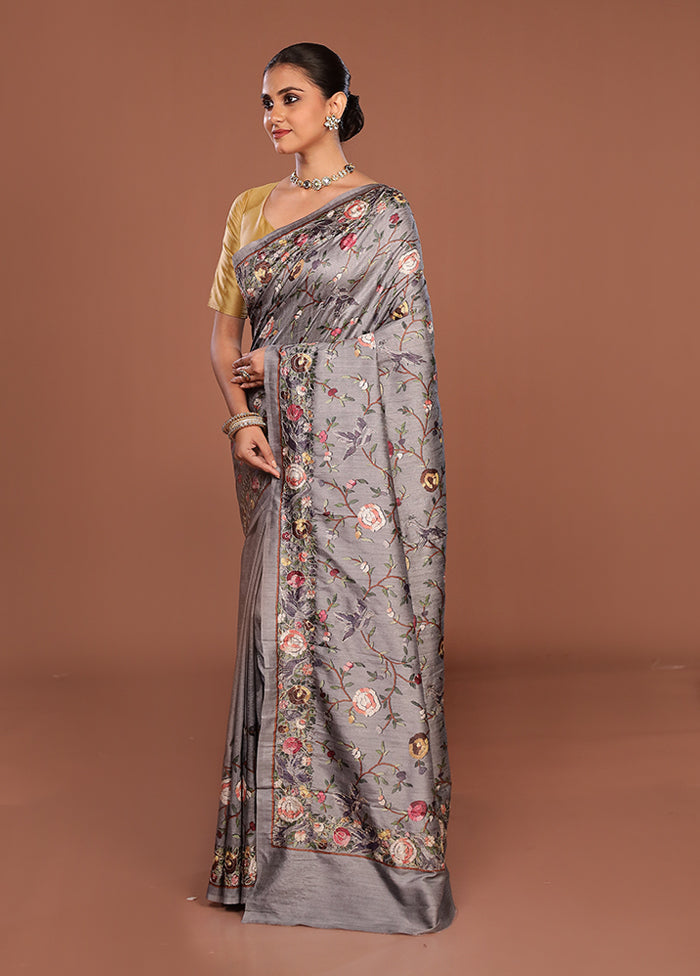 Grey Tussar Silk Saree With Blouse Piece