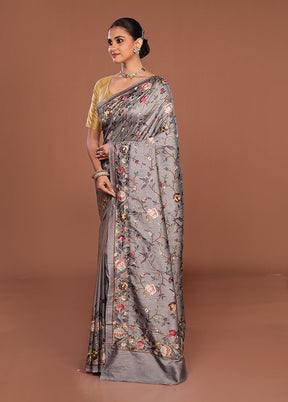 Grey Tussar Silk Saree With Blouse Piece