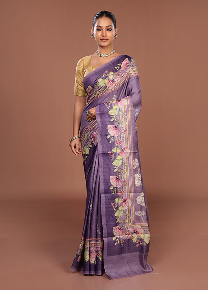 Purple Tussar Silk Saree With Blouse Piece