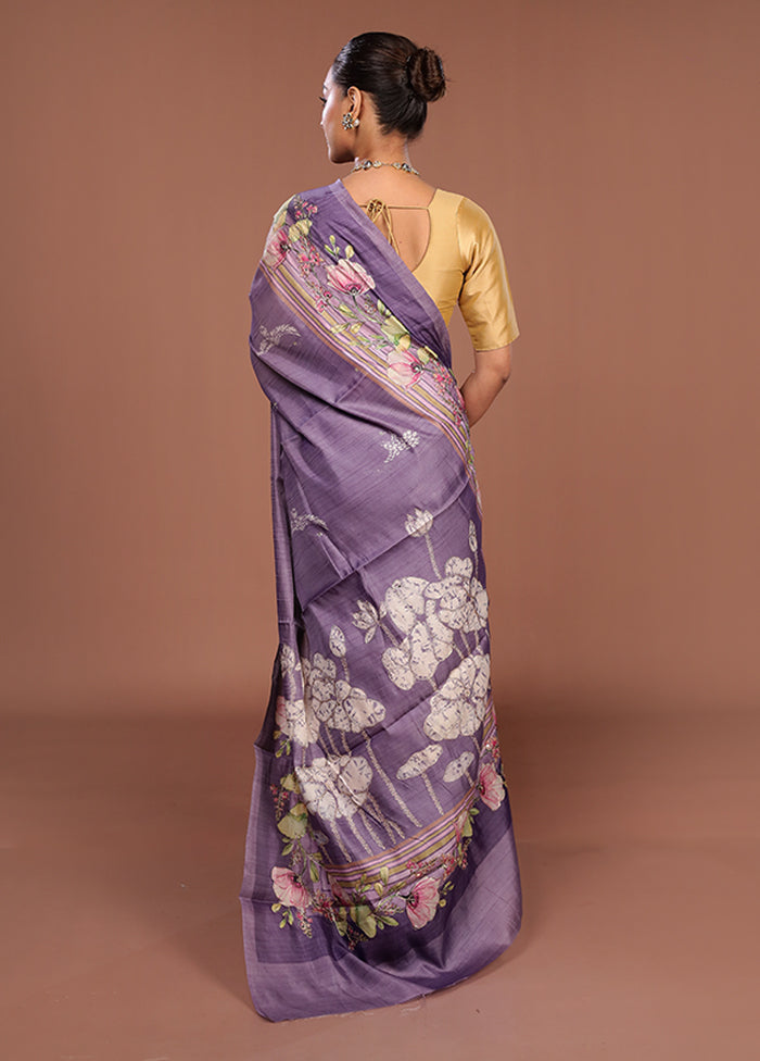 Purple Tussar Silk Saree With Blouse Piece