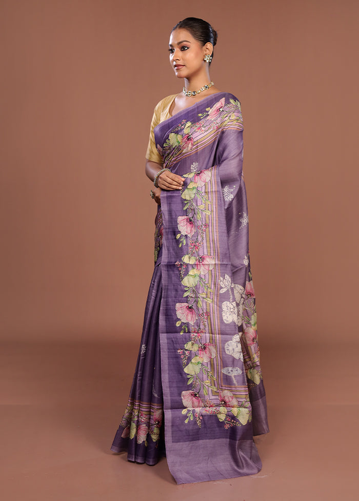 Purple Tussar Silk Saree With Blouse Piece