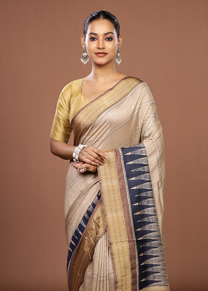 Cream Tussar Silk Saree With Blouse Piece