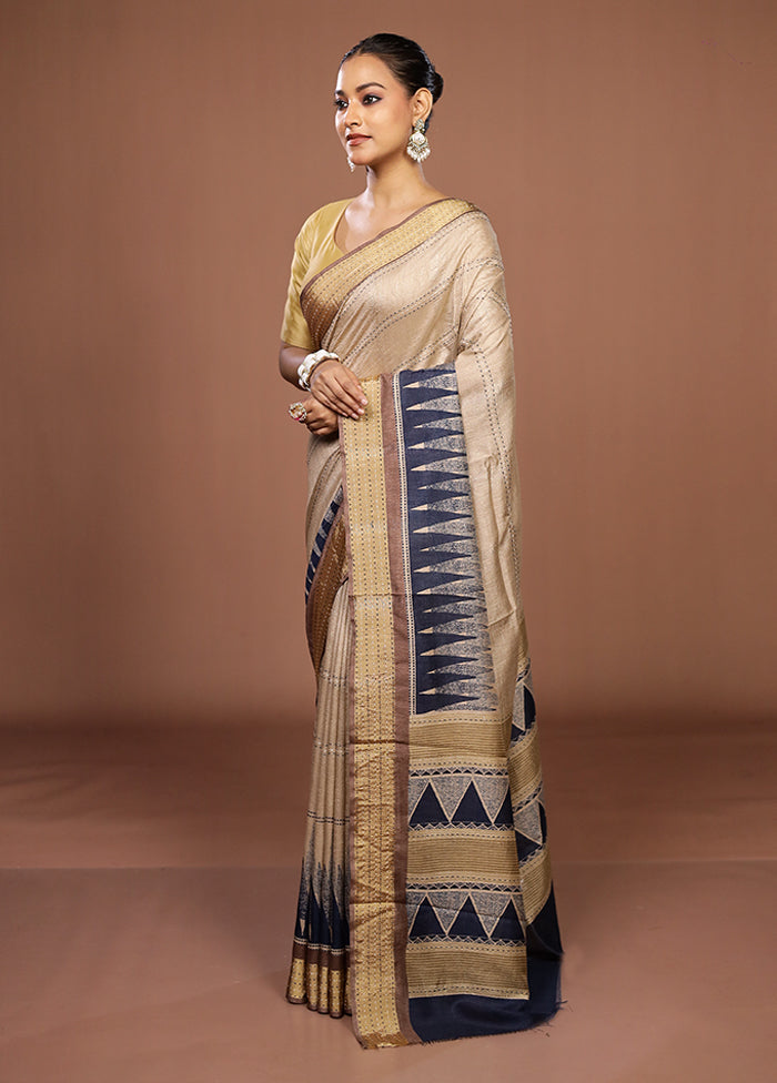 Cream Tussar Silk Saree With Blouse Piece