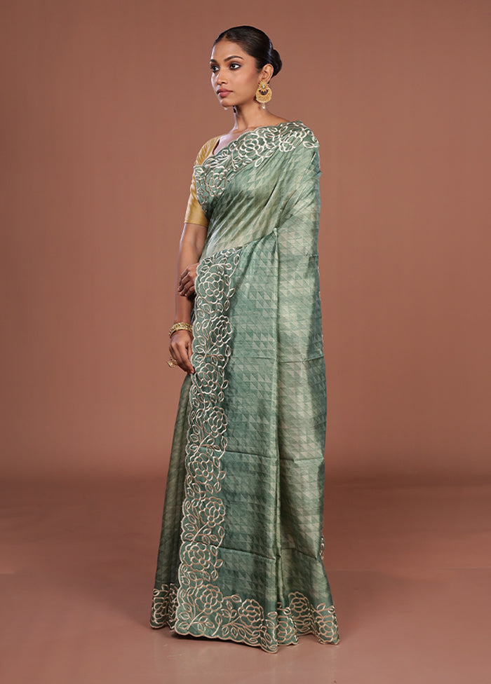 Green Tussar Silk Saree With Blouse Piece