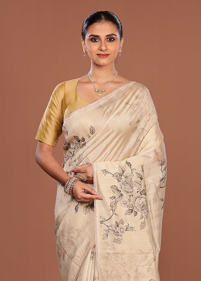 Cream Tussar Silk Saree With Blouse Piece