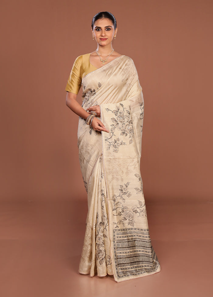 Cream Tussar Silk Saree With Blouse Piece