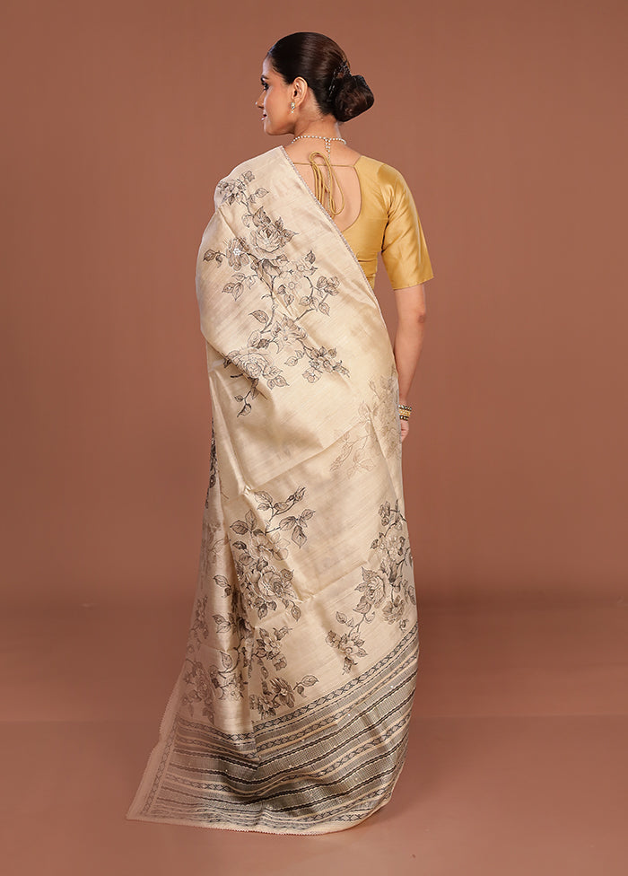 Cream Tussar Silk Saree With Blouse Piece