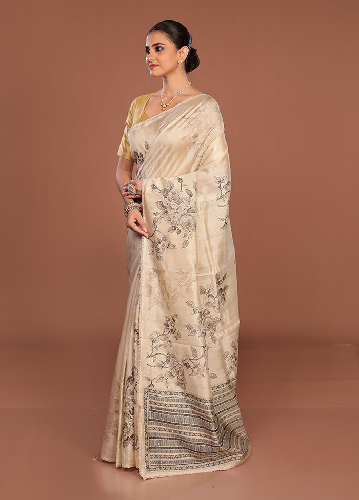Cream Tussar Silk Saree With Blouse Piece