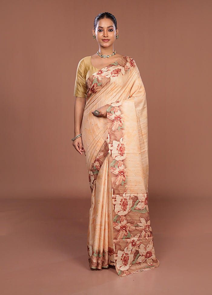 Peach Tussar Silk Saree With Blouse Piece