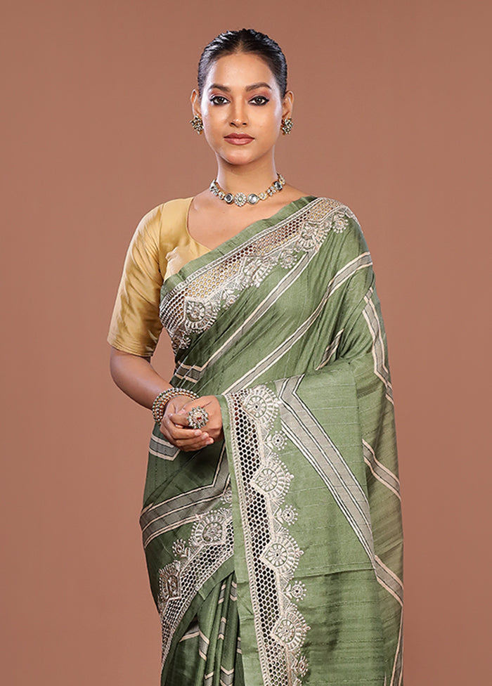 Green Tussar Silk Saree With Blouse Piece
