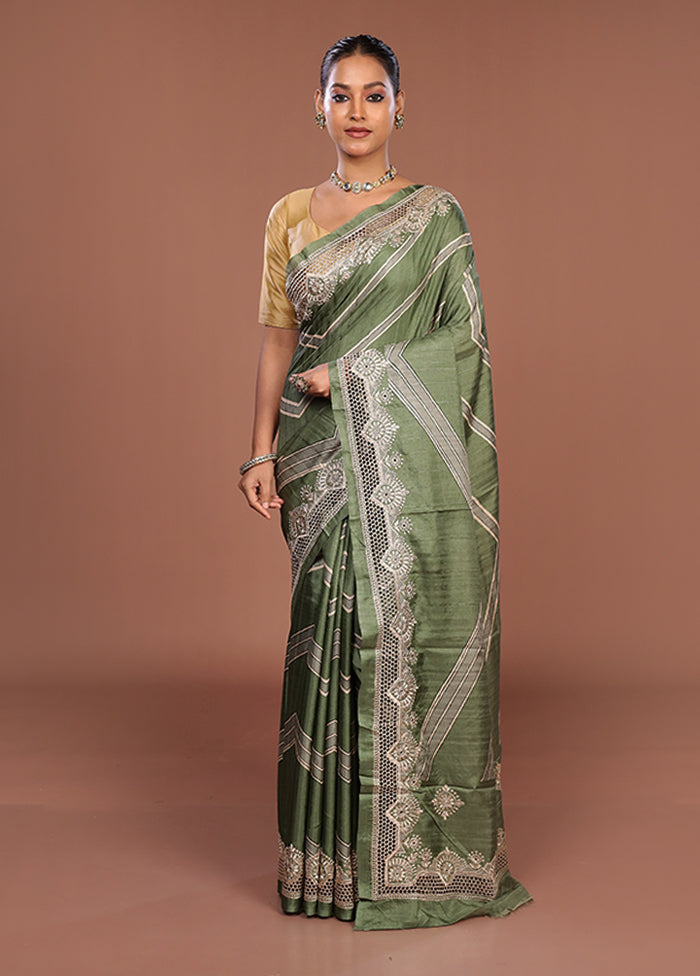 Green Tussar Silk Saree With Blouse Piece