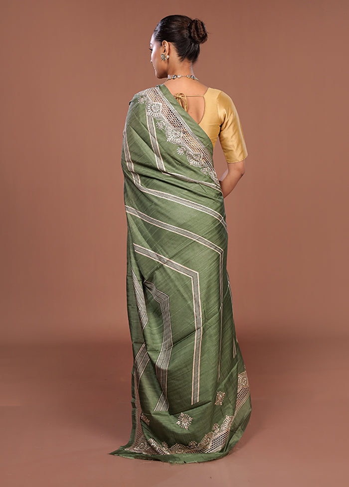 Green Tussar Silk Saree With Blouse Piece