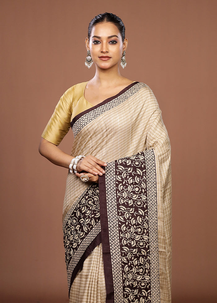 Cream Tussar Silk Saree With Blouse Piece