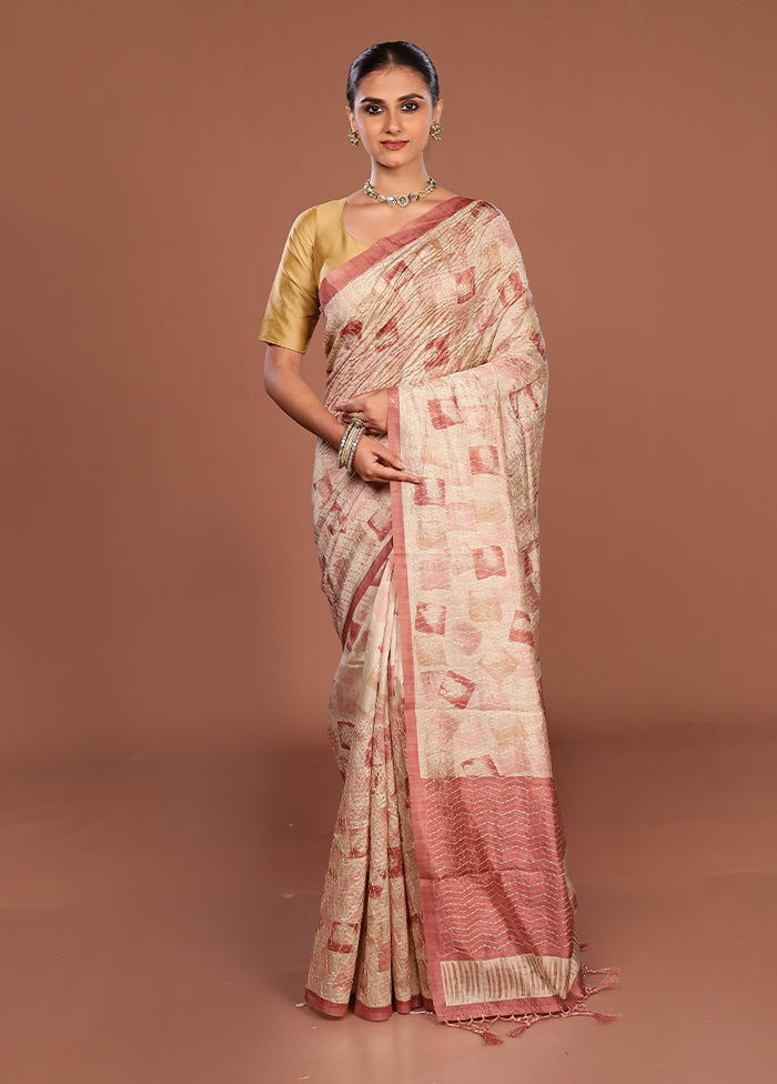 Cream Tussar Silk Saree With Blouse Piece