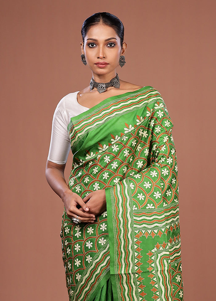 Blue Handloom Kantha Stitch Pure Silk Saree With Blouse Piece