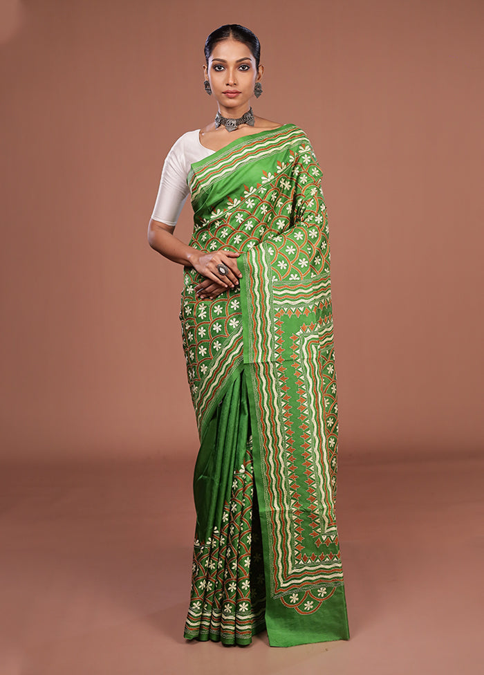 Blue Handloom Kantha Stitch Pure Silk Saree With Blouse Piece