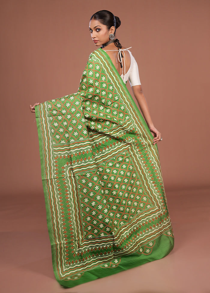 Blue Handloom Kantha Stitch Pure Silk Saree With Blouse Piece