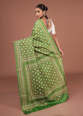 Blue Handloom Kantha Stitch Pure Silk Saree With Blouse Piece