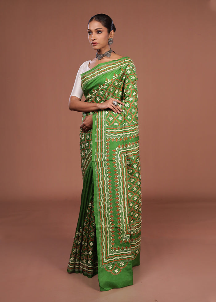 Blue Handloom Kantha Stitch Pure Silk Saree With Blouse Piece