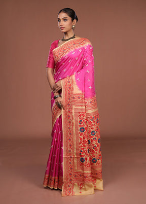 Cream Handloom Kantha Stitch Pure Silk Saree With Blouse Piece