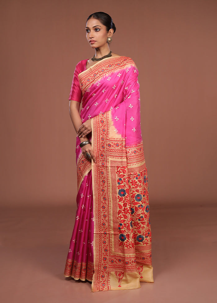 Cream Handloom Kantha Stitch Pure Silk Saree With Blouse Piece