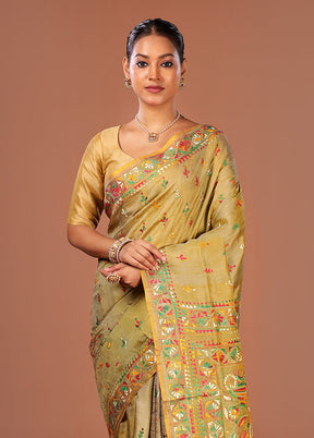 Green Handloom Kantha Stitch Pure Silk Saree With Blouse Piece