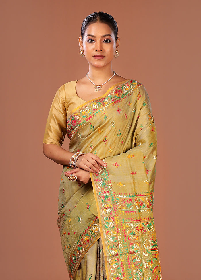 Green Handloom Kantha Stitch Pure Silk Saree With Blouse Piece