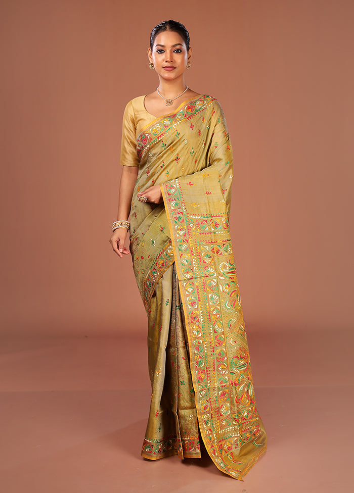 Green Handloom Kantha Stitch Pure Silk Saree With Blouse Piece