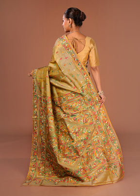 Green Handloom Kantha Stitch Pure Silk Saree With Blouse Piece