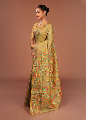 Green Handloom Kantha Stitch Pure Silk Saree With Blouse Piece