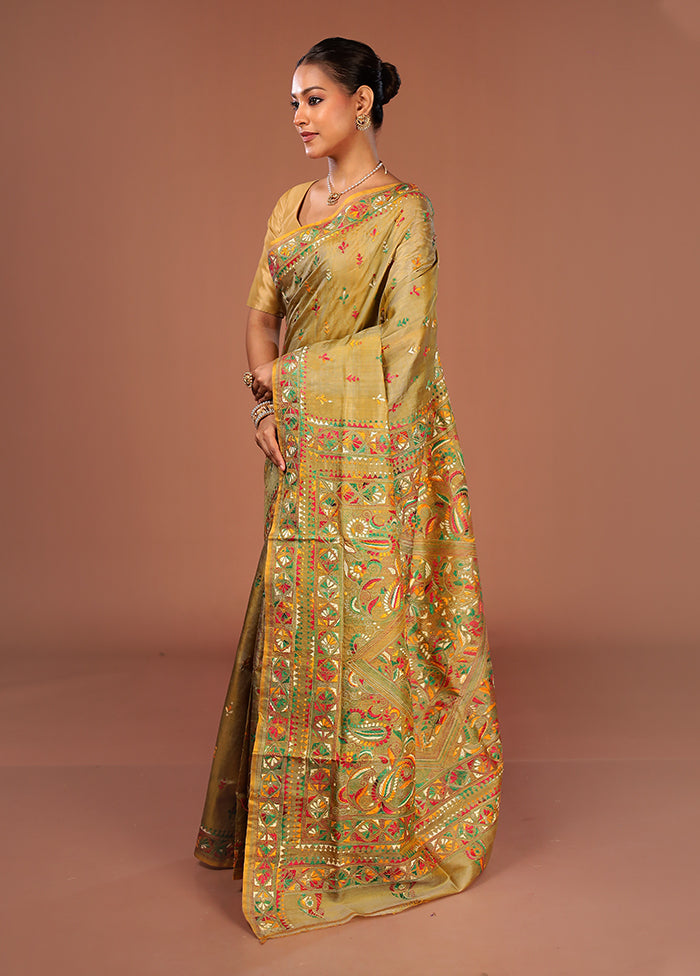 Green Handloom Kantha Stitch Pure Silk Saree With Blouse Piece