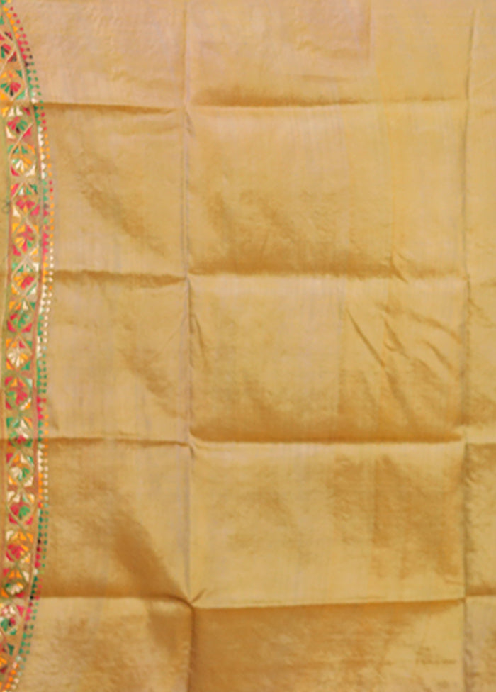 Green Handloom Kantha Stitch Pure Silk Saree With Blouse Piece